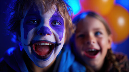 Children with face paint celebrate joyful Halloween night while playing fun board game together, creating lasting memories