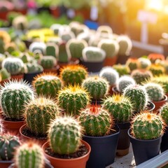 Many small cacti in terracotta pots