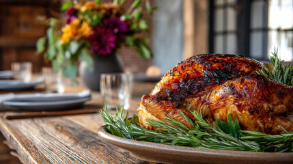 Beautifully roasted turkey garnished with fresh herbs sits on rustic wooden table, perfect for thanksgiving celebrations for remote workers