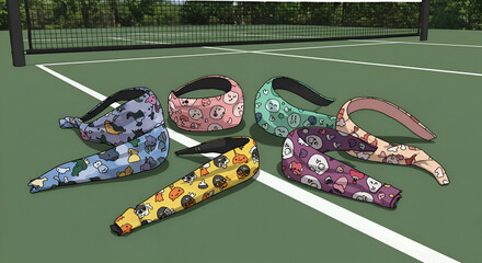Colorful cartoon headband designs resting on a tennis court. Youthful fashion accessories displayed on a green court background. Stylish accessory options for various occasions -