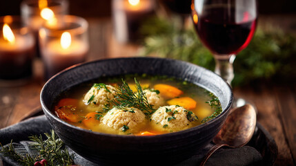 Warm and comforting soup with dumplings and vegetables perfect for Hanukkah for interfaith families, creating cozy atmosphere