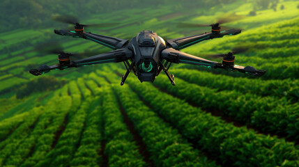 Drone hovers above lush green fields, showcasing integration of technology in organic carbon management for precision agriculture