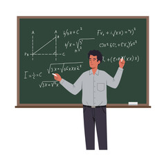 Vector art of a male teacher stands in front of a blackboard filled with complex mathematical equations and geometric diagrams, holding chalk