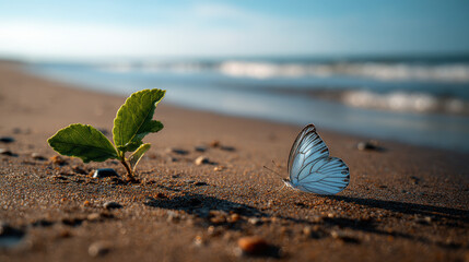 Delicate butterfly rests on sandy shore while vibrant green leaves grow nearby, creating serene coastal scene