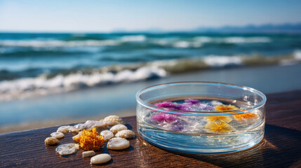 Serene scene featuring glass dish filled with colorful flowers floating water, placed wooden surface by shore. ocean waves gently lap beach
