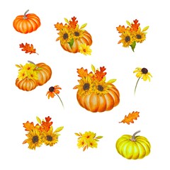 Set of watercolor autumn illustrations with pumpkins, sunflowers and leaves isolated on white background.	