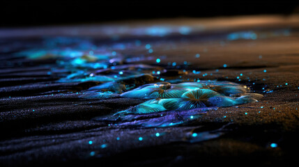 Bioluminescent organisms create stunning display on shore, illuminating dark sand with vibrant colors and captivating beauty
