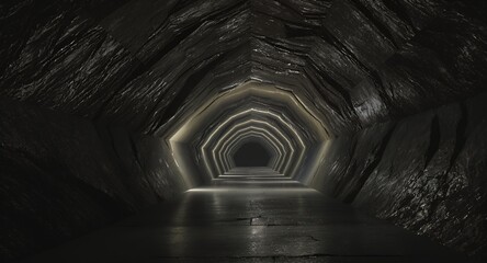 Naklejka premium Abstract Dark Stone Tunnel with Light at the End, Futuristic Sci-Fi Corridor, Hexagonal Shape, Underground passage, Dark Fantasy Background, Mysterious path, Illuminated Pathway, Digital Art, 3D