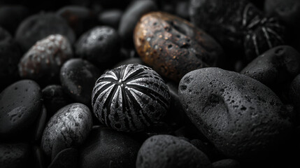 Thecosomata on shore create stunning contrast against dark pebbles, showcasing nature intricate beauty and unique textures