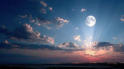 Full Moon Shining in Night Sky with Clouds and Sun Rays Over City Lights at Sunset