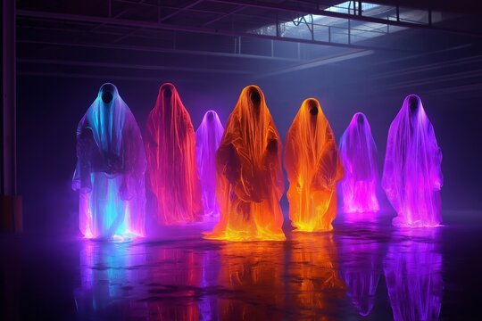 Colorful translucent figures dance in an industrial warehouse during an art installation showcasing light and movement at night