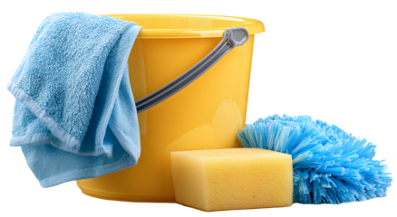  cleaning supplies in a yellow bucket, including a blue bissell vacuum cleaner and a spray bottle, with a transparent background
