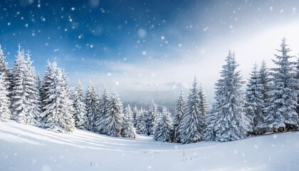 Fototapeta premium Merry Christmas And Happy New Year Greeting Background With Copy Space Beautiful Winter Landscape With Snow Covered Trees