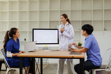 Doctors, nurse and women on desktop computer screen in meeting, collaboration for hospital planning, medical or life insurance. Talking, leadership and healthcare workers on paper in diversity researc