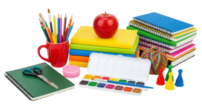 Isolated creative back to school supplies with colorful books and painting kit on table