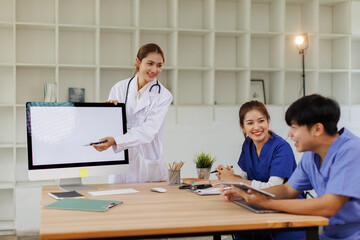 Doctors, nurse and women on desktop computer screen in meeting, collaboration for hospital planning, medical or life insurance. Talking, leadership and healthcare workers on paper in diversity researc