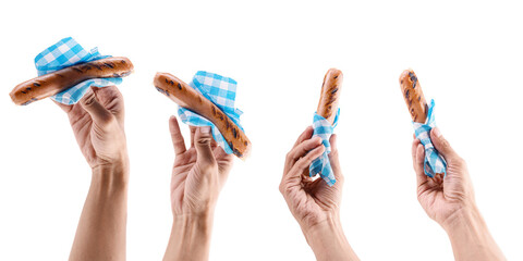 Collection set of human hands holding a sausage with a blue checkered tablecloth or napkin isolated over a white background. Oktoberfest festival