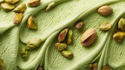 Close-up of creamy pistachio ice cream featuring crushed nuts, highlighting the smooth texture and vibrant green color, ideal for food photography and dessert inspiration