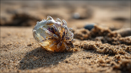 Beautiful jellyfish rests on shore, showcasing its delicate form and vibrant colors as sunlight glimmers on sandy beach