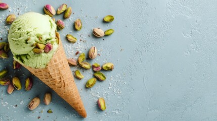 A delightful pistachio ice cream cone rests on a textured blue surface, surrounded by crushed pistachio nuts, creating an inviting and appetizing scene for dessert enthusiasts