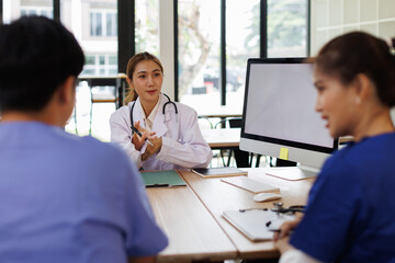 Obraz premium Doctors, nurse and women on desktop computer screen in meeting, collaboration for hospital planning, medical or life insurance. Talking, leadership and healthcare workers on paper in diversity researc