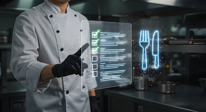 Professional chef interacting with a digital menu interface in a modern restaurant kitchen.