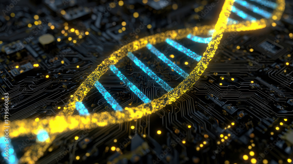 Aufkleber vibrant dna structure intertwined with digital database system showcases fusion of biology and techn