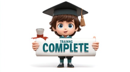 Cartoon child holding a sign saying "Training Complete
