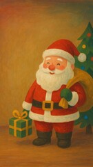 Obraz premium Cheerful Santa with gift illustration.
