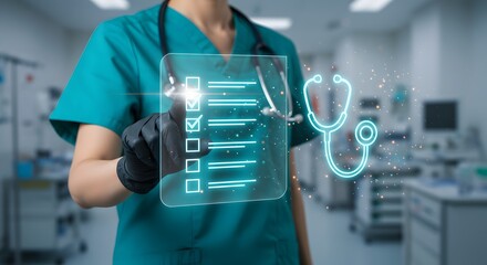 Doctor interacting with digital healthcare checklist and stethoscope interface, modern medical technology concept.