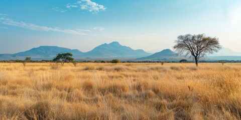 Wild Grasses serene and Mountains on the Horizon. nature yellow grass field savanna meadow.