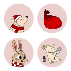 Christmas stickers set with festive characters and animals. Fun and adorable design for winter 