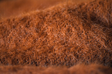 Cozy Textile Macro of Brown Wool Fabric. Macro image of wool cloth in brown tone with visible fibers and natural fabric wrinkles.