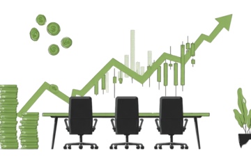 Green upward trend graph over conference table with stacks of money
