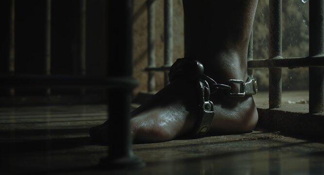 Chained foot in a dark cell, close-up shot of ankle shackles and prison bars - Powered by Adobe