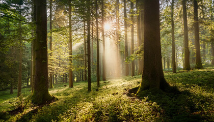 Naklejka premium Sunlight Filtering Through Trees In A Serene Forest Setting