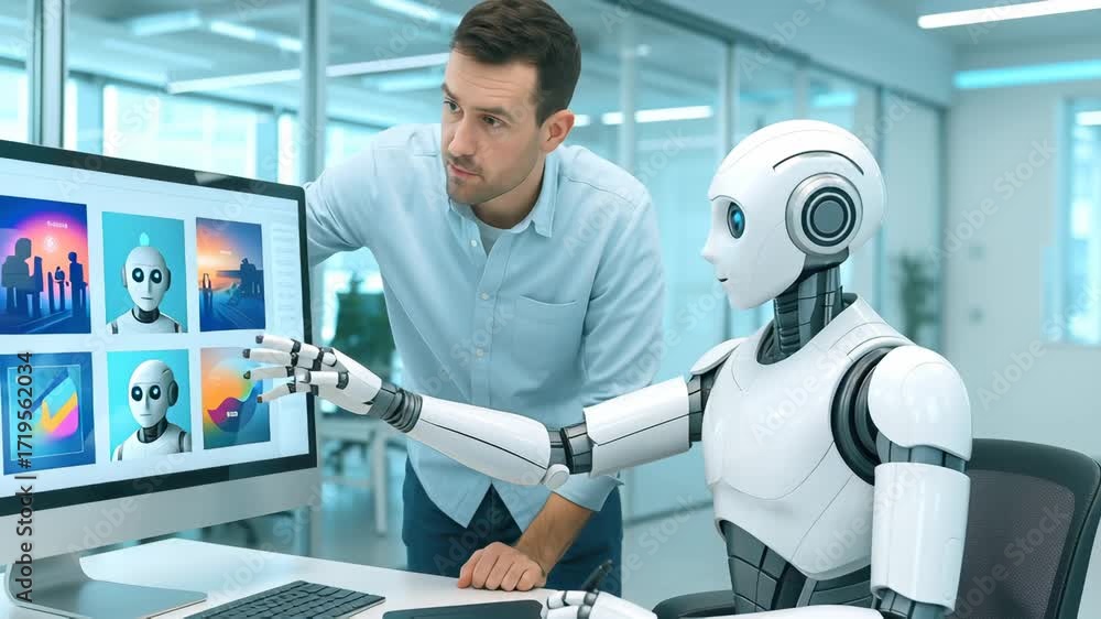 Poster man and humanoid robot working together in modern office, reviewing digital images on computer scree