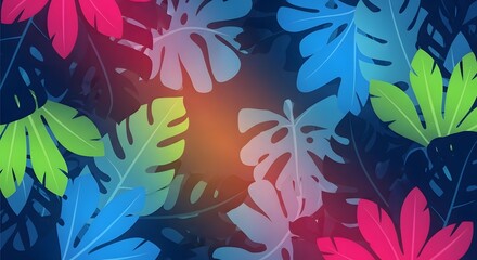 Colorful tropical leaves pattern on dark blue background.