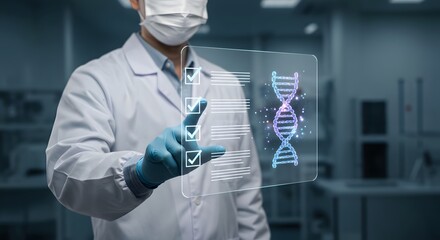 Scientist analyzing DNA sequence data on a transparent digital interface in a modern laboratory.