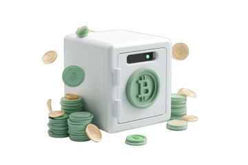 White digital safe with Bitcoin symbol, surrounded by stacks and falling coins