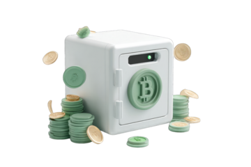 White digital safe with Bitcoin symbol, surrounded by stacks and falling coins