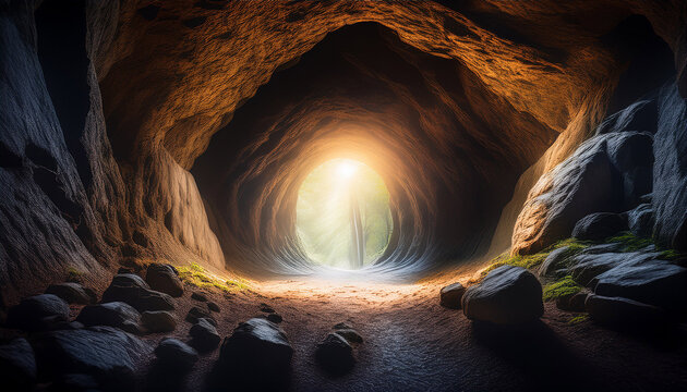 Ai Generated Digital Artwork Depicting A Large Cave Opening Leading To Light Symbolizing The Hollow Earth Conspiracy Theory With Dramatic Lighting And Mysterious Underground Textures