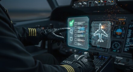 Pilot completing pre-flight checklist with digital interface and airplane hologram in cockpit view.