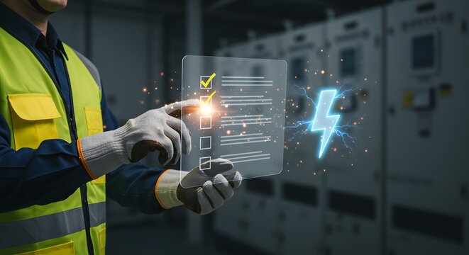 Electrical systems maintenance check with digital interface and glowing energy bolt, safety first concept.