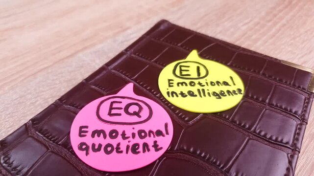 IQ EQ, emotional intelligence, emotional quotient inscription, text on colored sheets of paper on a notebook, IQ EQ concept, psycho-emotional state management.