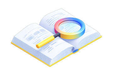 Open book with magnifying glass, representing research or education