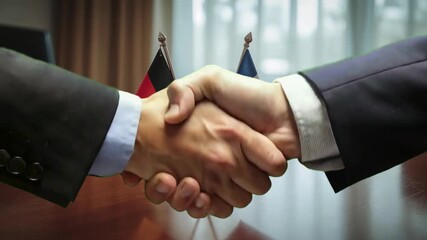 Germany and France Flags Waving on Tabletop, Symbolizing International Relations and Diplomatic Meetings in Europe - Powered by Adobe