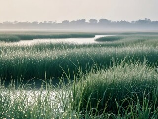 Misty Morning Sunlight Over Grassy Marshland