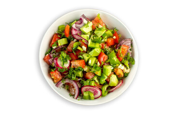 Fresh vegetables colorful sliced salad with cucumbers red tomatoes and greens