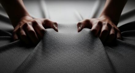 Close-up of hands stretching textured fabric, dark gray material, luxury feel, smooth surface